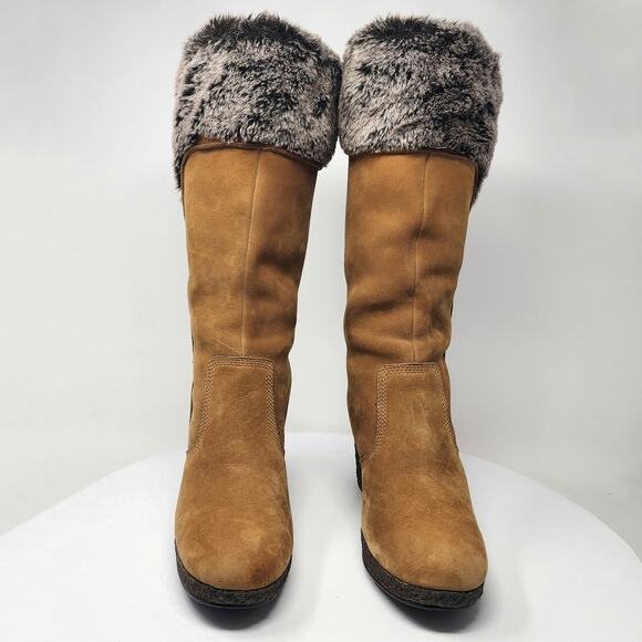 Timberland Monogram Tall Boot Women 8M Tan Wheat Suede Faux Fur Trim Wedge 86334 - Picture 3 of 12